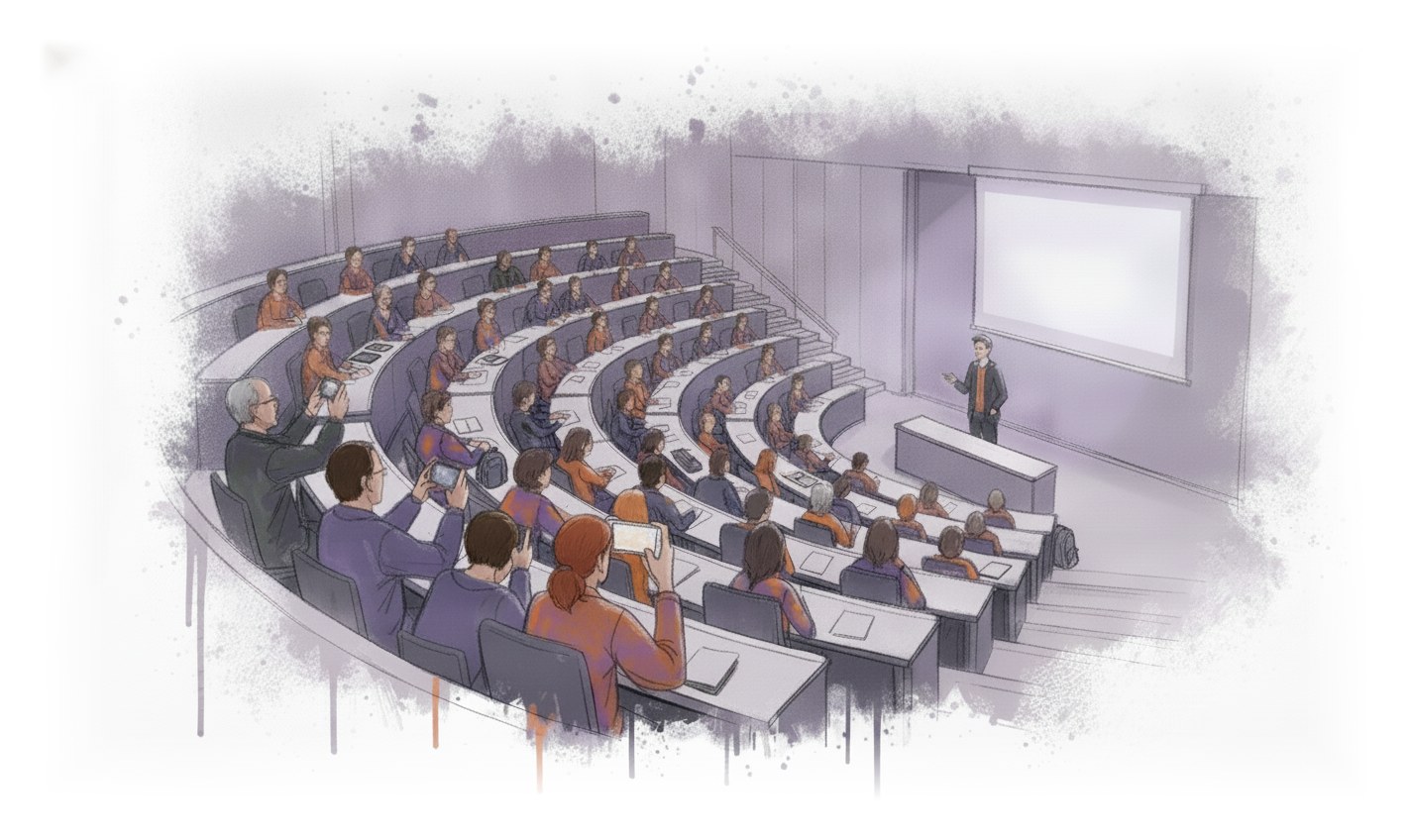 Illustration: a lecture hall full of students, local business owners in the front row photographing the slides, and a student presenting at the front